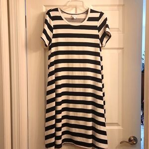 Lularoe Carly Swing Midi Dress Navy Blue White Stripe Short Sleeve Small